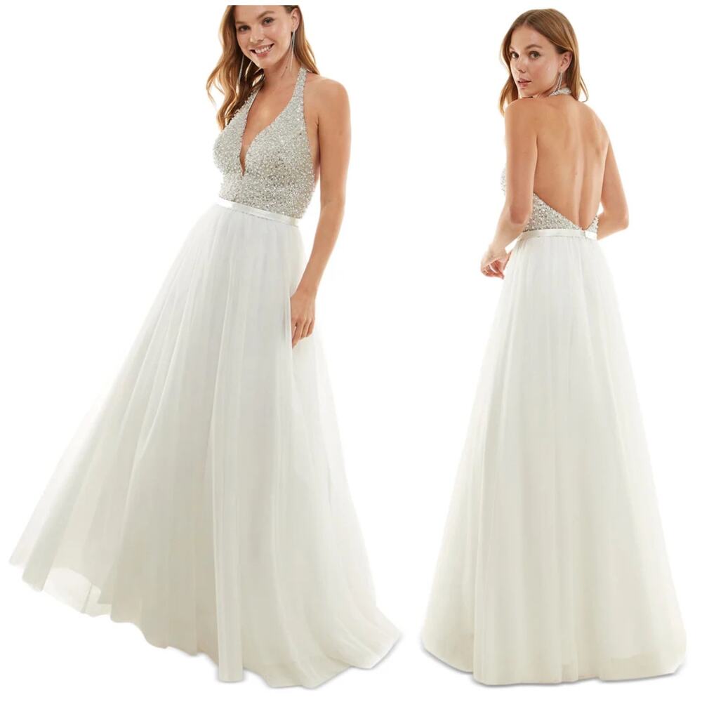 Say Yes To The Prom NWT Ivory Open Back Sleeveless Halter Gown Size 9 NO BELT